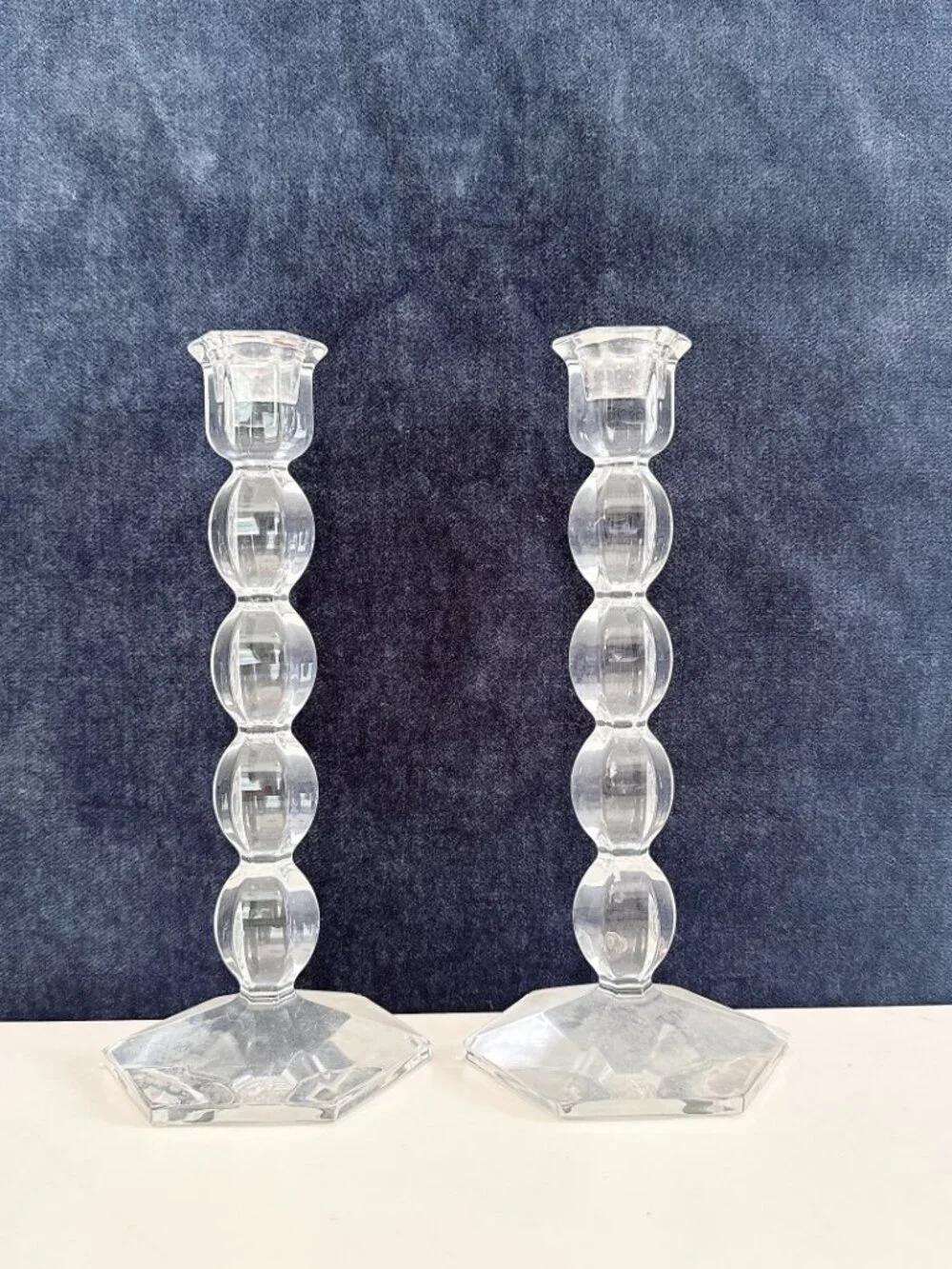 PAIR OF VAL ST. LAMBERT CRYSTAL BERLAYMONT CANDLESTICKS BELGIUM